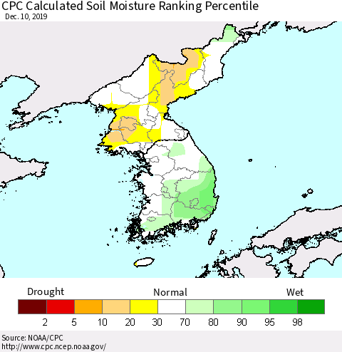 Korea CPC Soil Moisture Ranking Percentile (Leaky Bucket) Thematic Map For 12/6/2019 - 12/10/2019