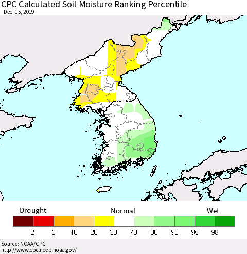 Korea CPC Soil Moisture Ranking Percentile (Leaky Bucket) Thematic Map For 12/11/2019 - 12/15/2019