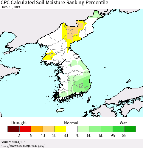 Korea CPC Calculated Soil Moisture Ranking Percentile Thematic Map For 12/26/2019 - 12/31/2019