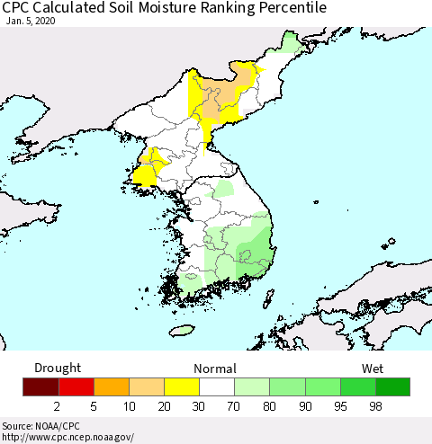 Korea CPC Calculated Soil Moisture Ranking Percentile Thematic Map For 1/1/2020 - 1/5/2020