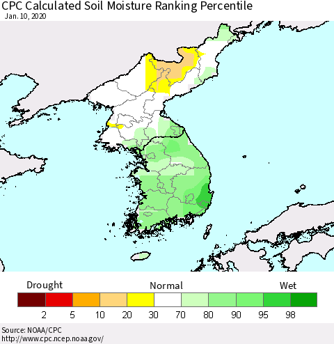 Korea CPC Calculated Soil Moisture Ranking Percentile Thematic Map For 1/6/2020 - 1/10/2020