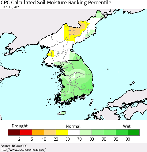 Korea CPC Soil Moisture Ranking Percentile (Leaky Bucket) Thematic Map For 1/11/2020 - 1/15/2020