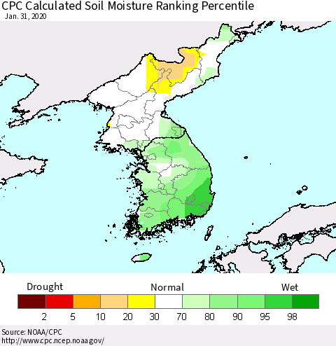 Korea CPC Calculated Soil Moisture Ranking Percentile Thematic Map For 1/26/2020 - 1/31/2020
