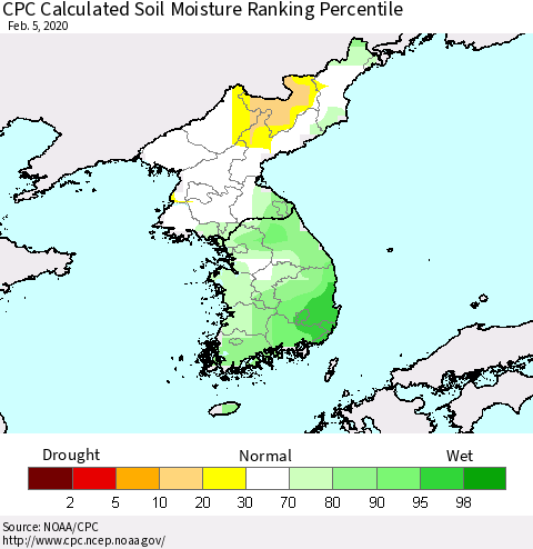 Korea CPC Calculated Soil Moisture Ranking Percentile Thematic Map For 2/1/2020 - 2/5/2020