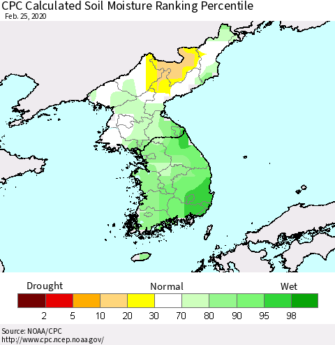 Korea CPC Soil Moisture Ranking Percentile (Leaky Bucket) Thematic Map For 2/21/2020 - 2/25/2020