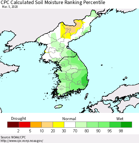 Korea CPC Calculated Soil Moisture Ranking Percentile Thematic Map For 3/1/2020 - 3/5/2020