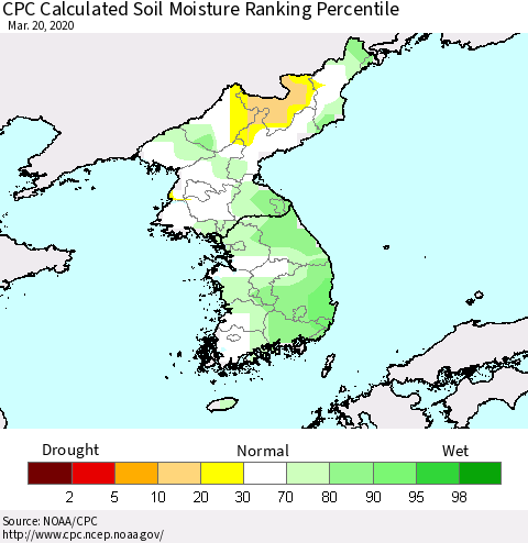 Korea CPC Calculated Soil Moisture Ranking Percentile Thematic Map For 3/16/2020 - 3/20/2020