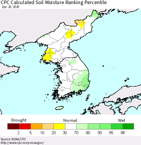 Korea CPC Calculated Soil Moisture Ranking Percentile Thematic Map For 4/16/2020 - 4/20/2020