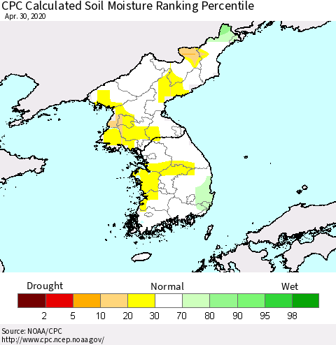Korea CPC Calculated Soil Moisture Ranking Percentile Thematic Map For 4/26/2020 - 4/30/2020