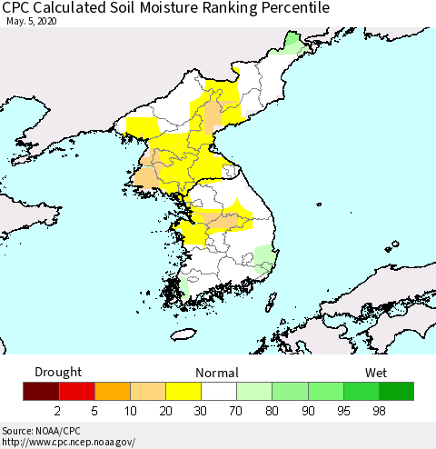 Korea CPC Calculated Soil Moisture Ranking Percentile Thematic Map For 5/1/2020 - 5/5/2020