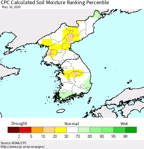 Korea CPC Calculated Soil Moisture Ranking Percentile Thematic Map For 5/6/2020 - 5/10/2020