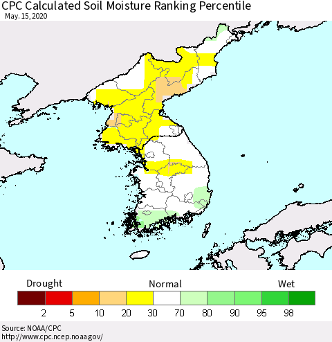 Korea CPC Calculated Soil Moisture Ranking Percentile Thematic Map For 5/11/2020 - 5/15/2020