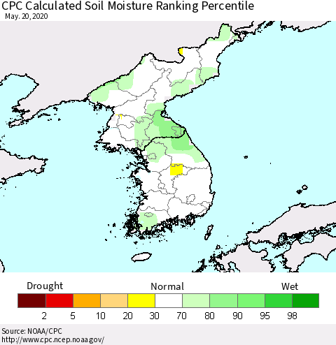 Korea CPC Calculated Soil Moisture Ranking Percentile Thematic Map For 5/16/2020 - 5/20/2020