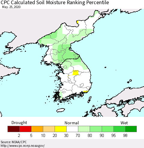 Korea CPC Soil Moisture Ranking Percentile (Leaky Bucket) Thematic Map For 5/21/2020 - 5/25/2020