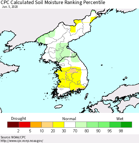 Korea CPC Calculated Soil Moisture Ranking Percentile Thematic Map For 6/1/2020 - 6/5/2020