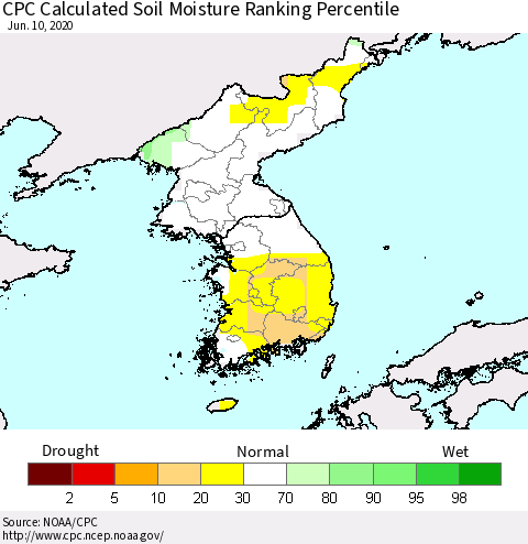 Korea CPC Soil Moisture Ranking Percentile (Leaky Bucket) Thematic Map For 6/6/2020 - 6/10/2020