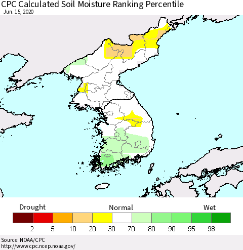 Korea CPC Calculated Soil Moisture Ranking Percentile Thematic Map For 6/11/2020 - 6/15/2020