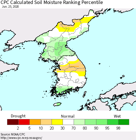 Korea CPC Soil Moisture Ranking Percentile (Leaky Bucket) Thematic Map For 6/21/2020 - 6/25/2020