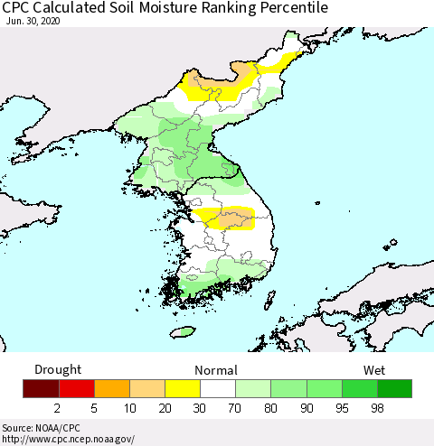 Korea CPC Soil Moisture Ranking Percentile (Leaky Bucket) Thematic Map For 6/26/2020 - 6/30/2020