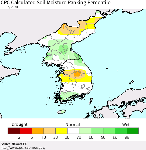 Korea CPC Calculated Soil Moisture Ranking Percentile Thematic Map For 7/1/2020 - 7/5/2020