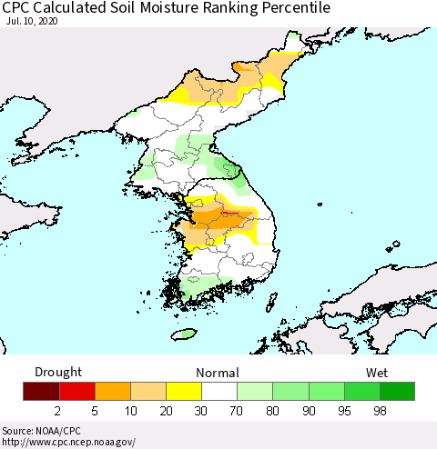 Korea CPC Calculated Soil Moisture Ranking Percentile Thematic Map For 7/6/2020 - 7/10/2020