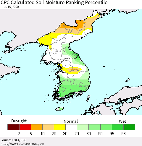 Korea CPC Soil Moisture Ranking Percentile (Leaky Bucket) Thematic Map For 7/11/2020 - 7/15/2020
