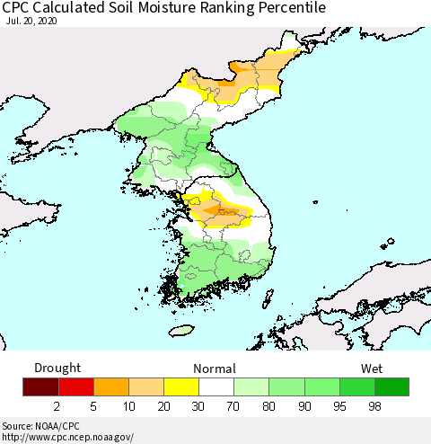 Korea CPC Soil Moisture Ranking Percentile (Leaky Bucket) Thematic Map For 7/16/2020 - 7/20/2020