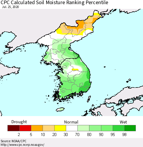 Korea CPC Calculated Soil Moisture Ranking Percentile Thematic Map For 7/21/2020 - 7/25/2020