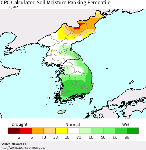 Korea CPC Calculated Soil Moisture Ranking Percentile Thematic Map For 7/26/2020 - 7/31/2020