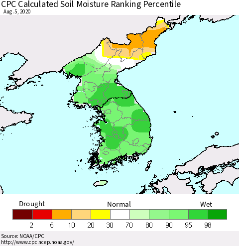 Korea CPC Soil Moisture Ranking Percentile (Leaky Bucket) Thematic Map For 8/1/2020 - 8/5/2020