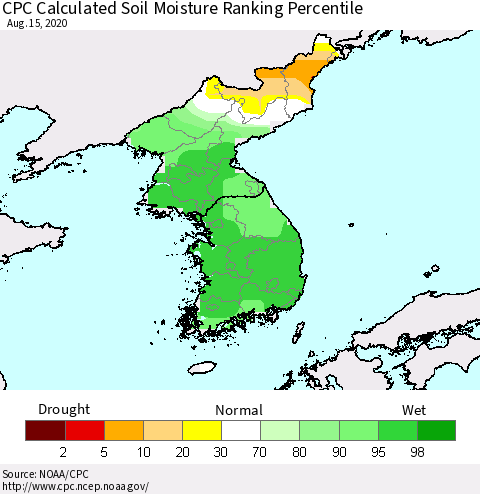 Korea CPC Calculated Soil Moisture Ranking Percentile Thematic Map For 8/11/2020 - 8/15/2020