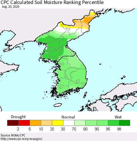 Korea CPC Calculated Soil Moisture Ranking Percentile Thematic Map For 8/16/2020 - 8/20/2020