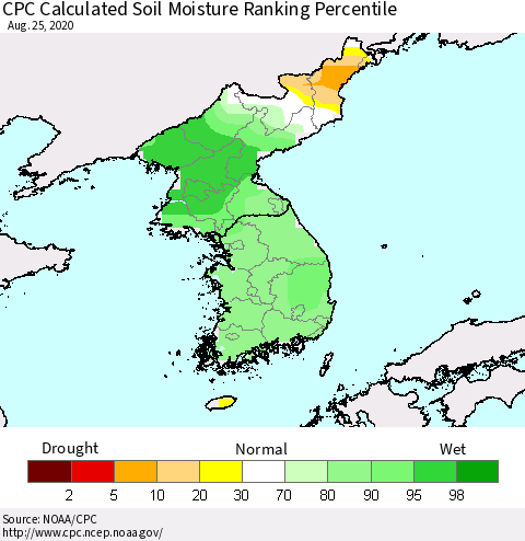 Korea CPC Soil Moisture Ranking Percentile (Leaky Bucket) Thematic Map For 8/21/2020 - 8/25/2020