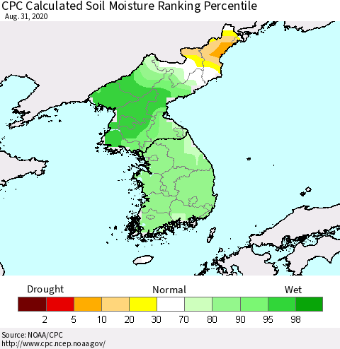 Korea CPC Calculated Soil Moisture Ranking Percentile Thematic Map For 8/26/2020 - 8/31/2020