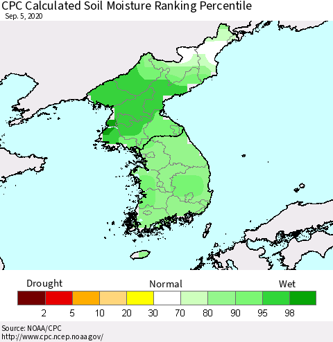 Korea CPC Soil Moisture Ranking Percentile (Leaky Bucket) Thematic Map For 9/1/2020 - 9/5/2020