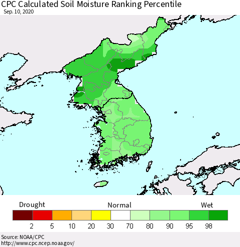 Korea CPC Soil Moisture Ranking Percentile (Leaky Bucket) Thematic Map For 9/6/2020 - 9/10/2020