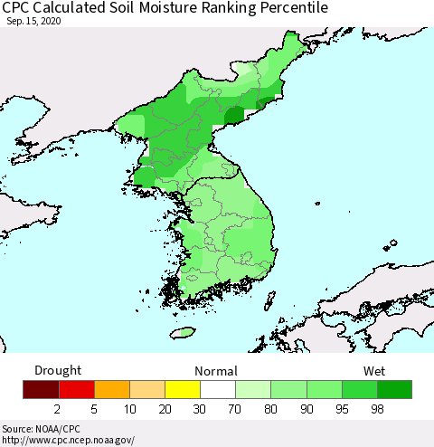 Korea CPC Calculated Soil Moisture Ranking Percentile Thematic Map For 9/11/2020 - 9/15/2020