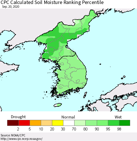 Korea CPC Calculated Soil Moisture Ranking Percentile Thematic Map For 9/16/2020 - 9/20/2020