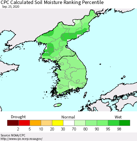 Korea CPC Calculated Soil Moisture Ranking Percentile Thematic Map For 9/21/2020 - 9/25/2020