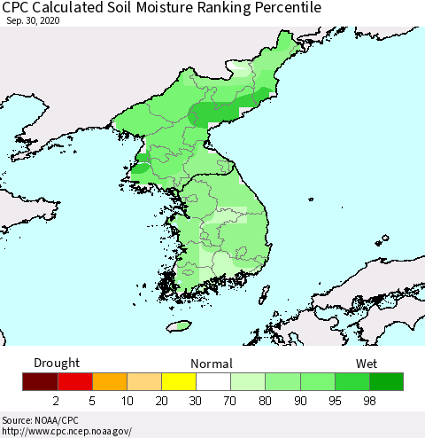 Korea CPC Calculated Soil Moisture Ranking Percentile Thematic Map For 9/26/2020 - 9/30/2020
