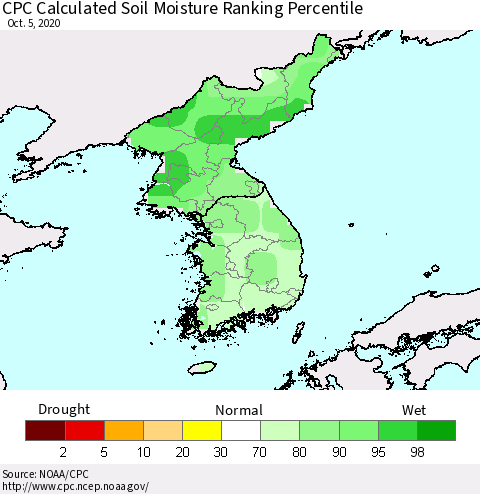 Korea CPC Calculated Soil Moisture Ranking Percentile Thematic Map For 10/1/2020 - 10/5/2020