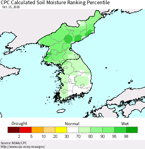 Korea CPC Calculated Soil Moisture Ranking Percentile Thematic Map For 10/11/2020 - 10/15/2020