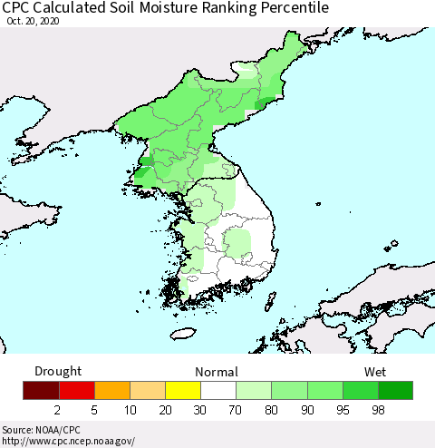 Korea CPC Calculated Soil Moisture Ranking Percentile Thematic Map For 10/16/2020 - 10/20/2020