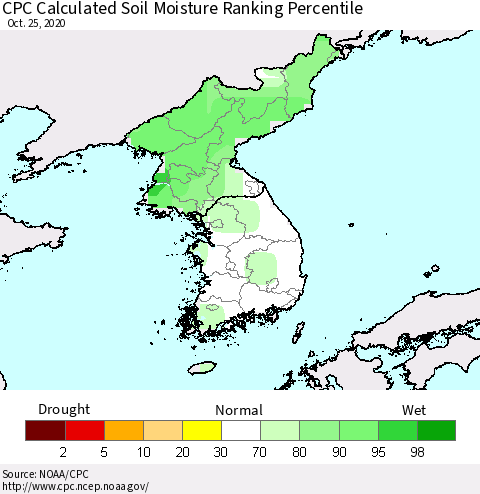 Korea CPC Calculated Soil Moisture Ranking Percentile Thematic Map For 10/21/2020 - 10/25/2020