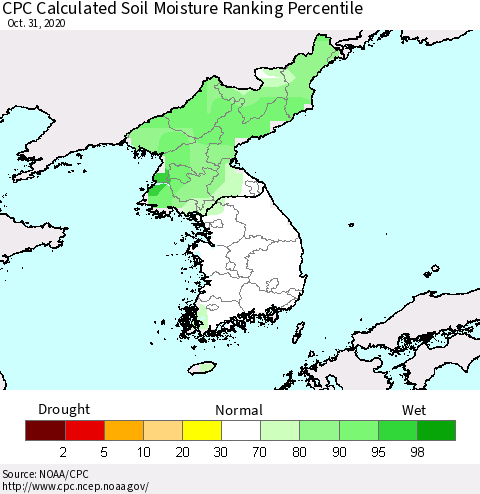 Korea CPC Soil Moisture Ranking Percentile (Leaky Bucket) Thematic Map For 10/26/2020 - 10/31/2020