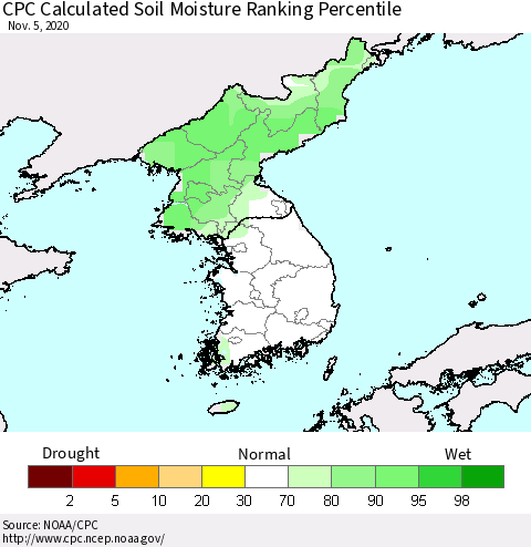 Korea CPC Calculated Soil Moisture Ranking Percentile Thematic Map For 11/1/2020 - 11/5/2020