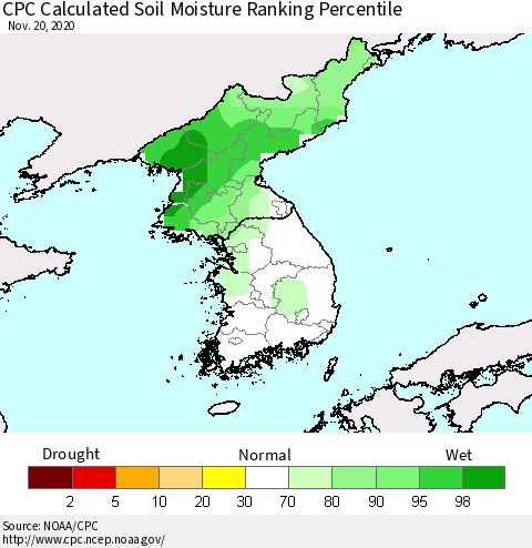 Korea CPC Calculated Soil Moisture Ranking Percentile Thematic Map For 11/16/2020 - 11/20/2020