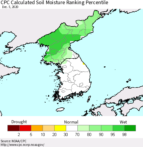Korea CPC Calculated Soil Moisture Ranking Percentile Thematic Map For 12/1/2020 - 12/5/2020