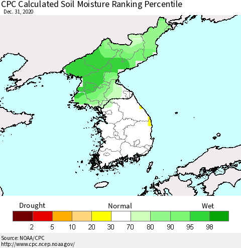 Korea CPC Calculated Soil Moisture Ranking Percentile Thematic Map For 12/26/2020 - 12/31/2020
