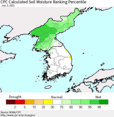 Korea CPC Calculated Soil Moisture Ranking Percentile Thematic Map For 1/1/2021 - 1/5/2021